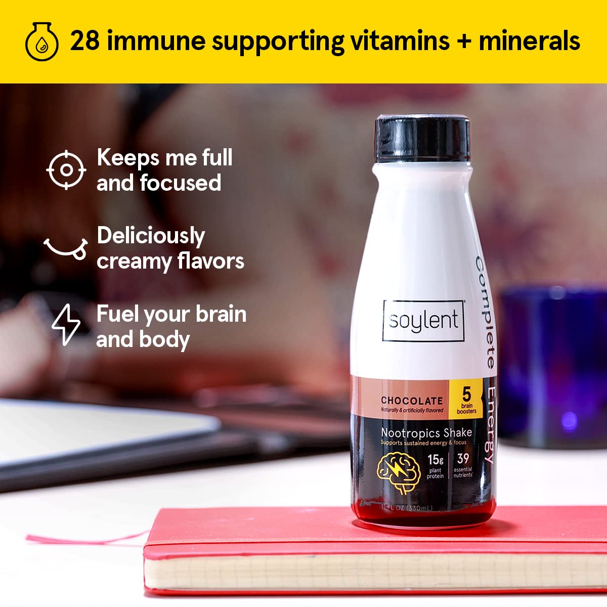 Soylent Complete Energy GlutenFree Vegan Protein Nootropics Shake Chocolate 11 Oz Pack of 12