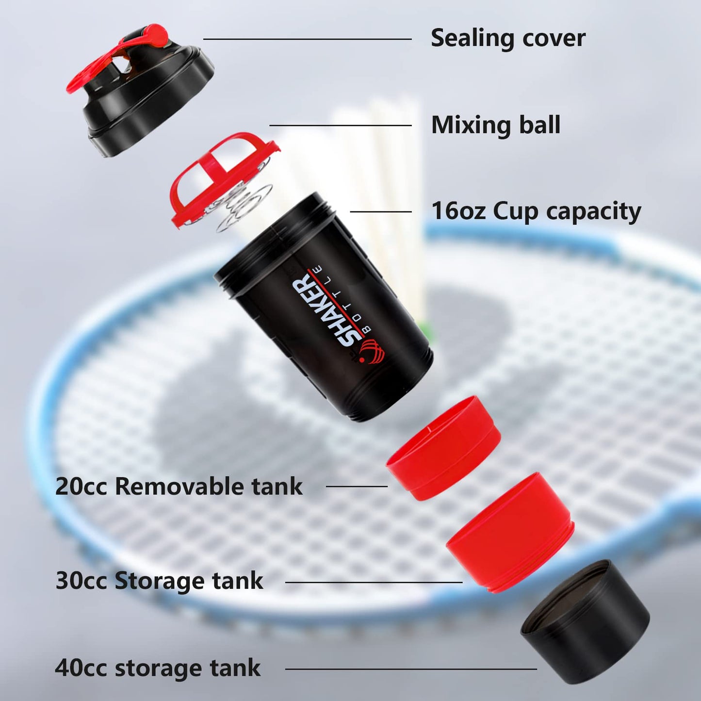 XTK Shaker Bottle 16OZ Protein Shaker Bottles with Mix Ball Portable Sports Water Bottle Leak Proof GYM Cup for Protein Mixes with Storage & Pill Organizer, Ideal for Pre Workout,BPA Free (Red)