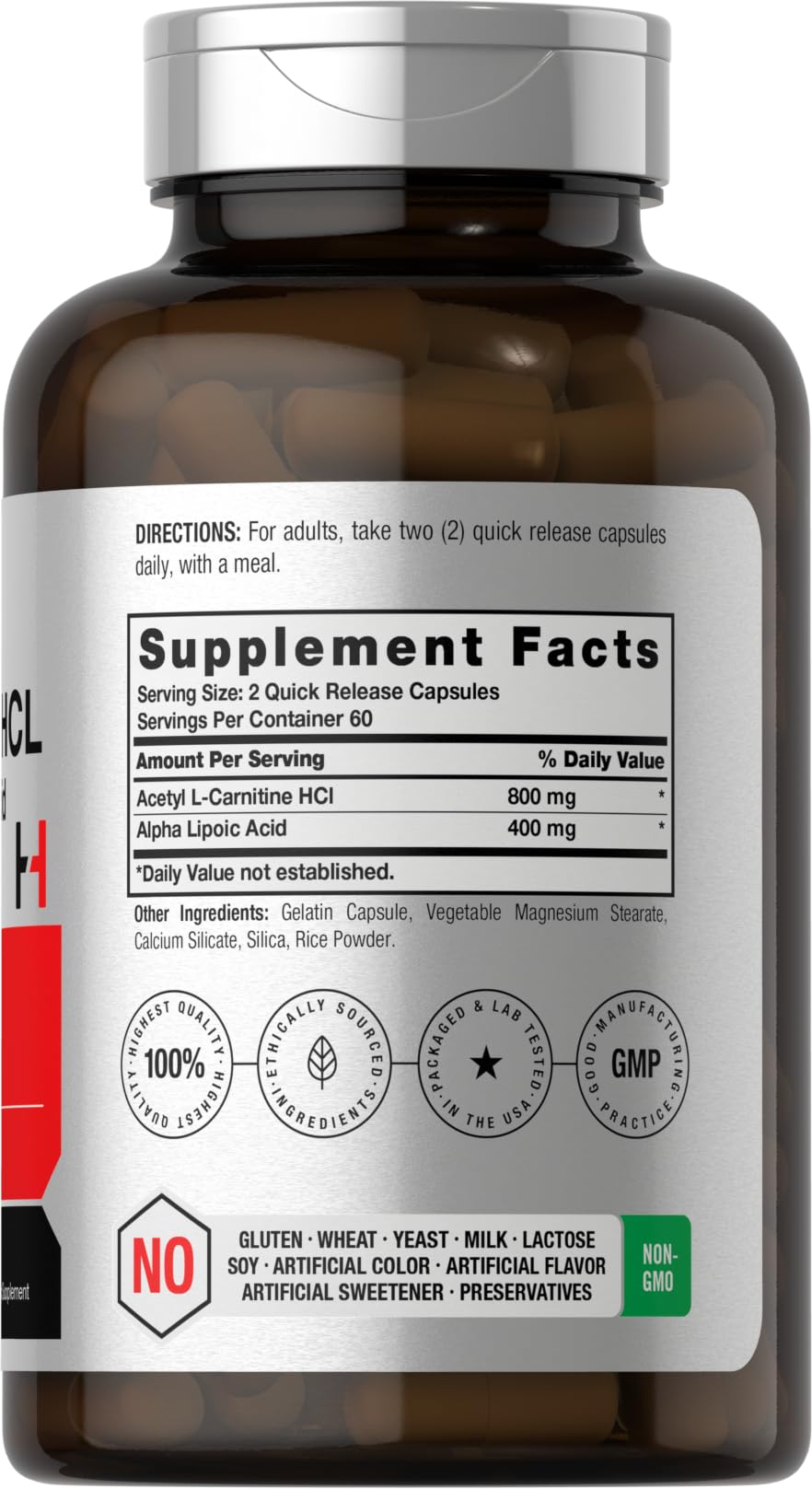 Horbäach Acetyl L Carnitine HCL & Alpha Lipoic Acid 1200mg | 120 Capsules | ALC ALA Complex | Non-GMO & Gluten Free Supplement