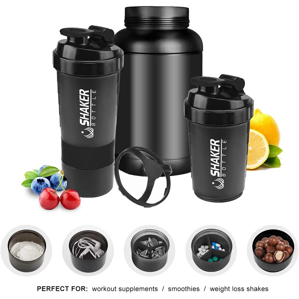 VIGIND Protein Shaker Bottle,16 oz Shake Cup for Protein Powder with Storage,Sports Water Bottle,Non Slip 3 Layer Twist Off 3oz Cups with Pill Tray Leak Proof Shake Bottles for Protein Mixes