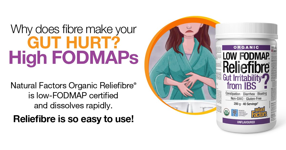 Natural Factors Organic Low FODMAP Reliefiber, Digestive Fiber Powder, Unflavored, 5.3 Oz