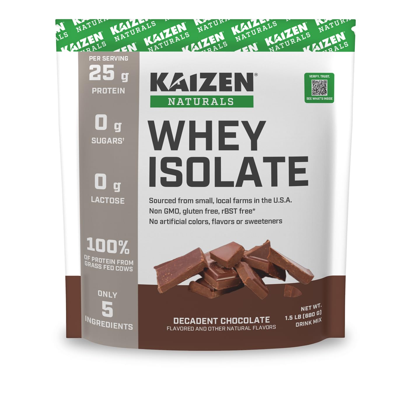 Whey Isolate | Chocolate | 25g Protein | Grass fed | No Artificial Ingredients | Only 5 Ingredients | Fast Absorption | See the Test Results | 0g Lactose | Gluten Free | Non GMO | 1.5lb | 22 servings