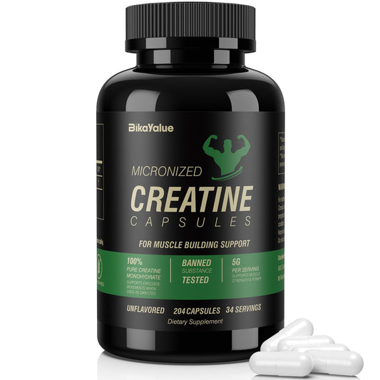 BIKAYALUE Micronized Creatine Monohydrate Capsules, 204 Creatine Capsules Supplement for Muscle, Strength, Performance, Energy, Recovery, Gluten Free Creatine for Women and Men (34 Servings)