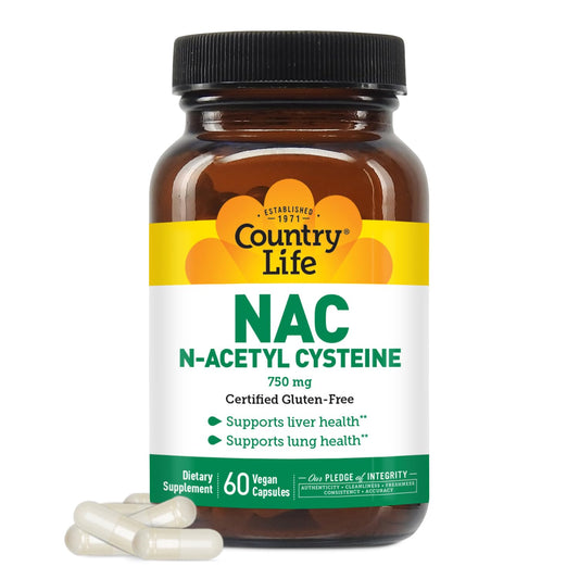 Country Life N-Acetyl Cysteine (NAC) 750 mg - Premium Liver Support and Lung Health Supplement - Powerful Antioxidant Protection, Liver Detox & Cleanse, Immune Support, 60 Vegetarian Capsules