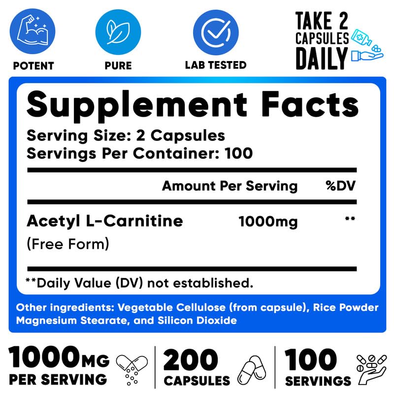 We Like Vitamins Acetyl L-Carnitine 1000mg Capsules - 200 Easy to Swallow Veggie Capsules - Acetyl l Carnitine Supplement Helps Support Focus, Brain Function, and Energy