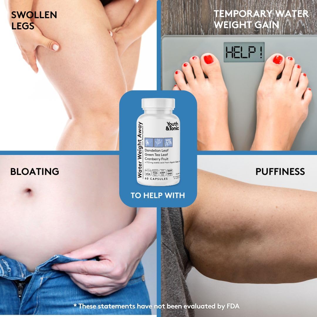 Youth & Tonic Natural Water Weight Away - Herbal Diuretic Pills for Bloating, Water Retention & Swelling Support for Women & Men - 60 Caps with Dandelion, Potassium, Green Tea & Apple Cider Vinegar