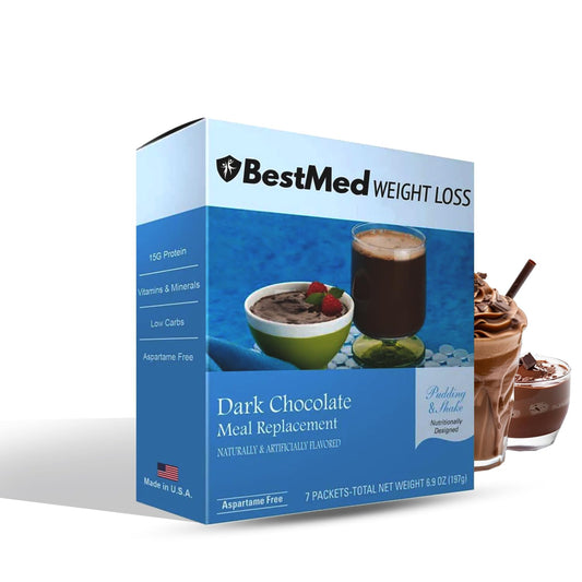 BestMed Weight Loss Dark Chocolate Pudding/Shake Mix - 7/Box | Gluten Free, KETO Friendly, Low Calorie, Low Carb, Vitamin Fortified, Meal Replacement