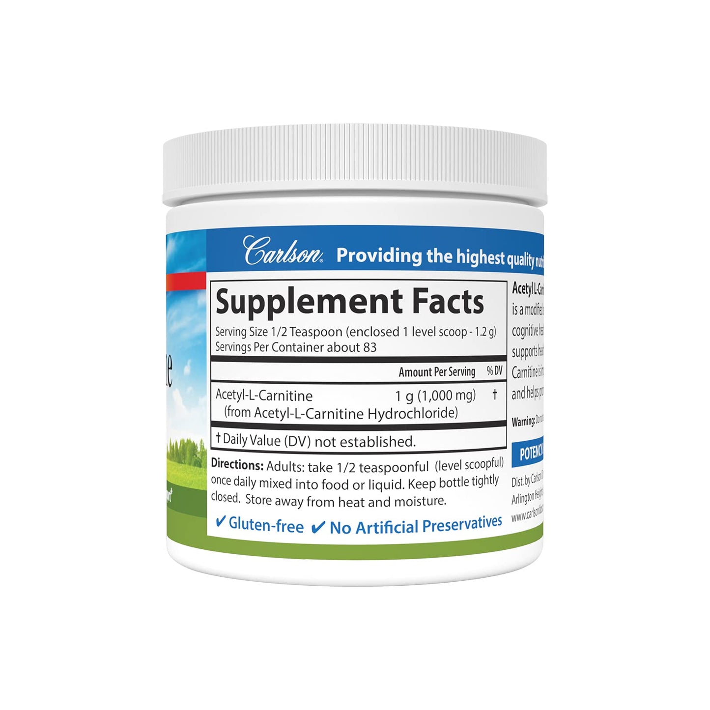 Carlson - Acetyl L-Carnitine Powder, Free-Form Amino Acid, Cognitive Health, Brain Function & Muscle Support, 3.53 oz (100 g)