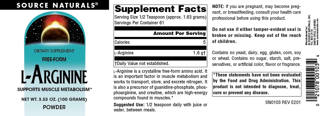 Source Naturals L-Arginine Powder Supplement, Free Form*- 100 Grams