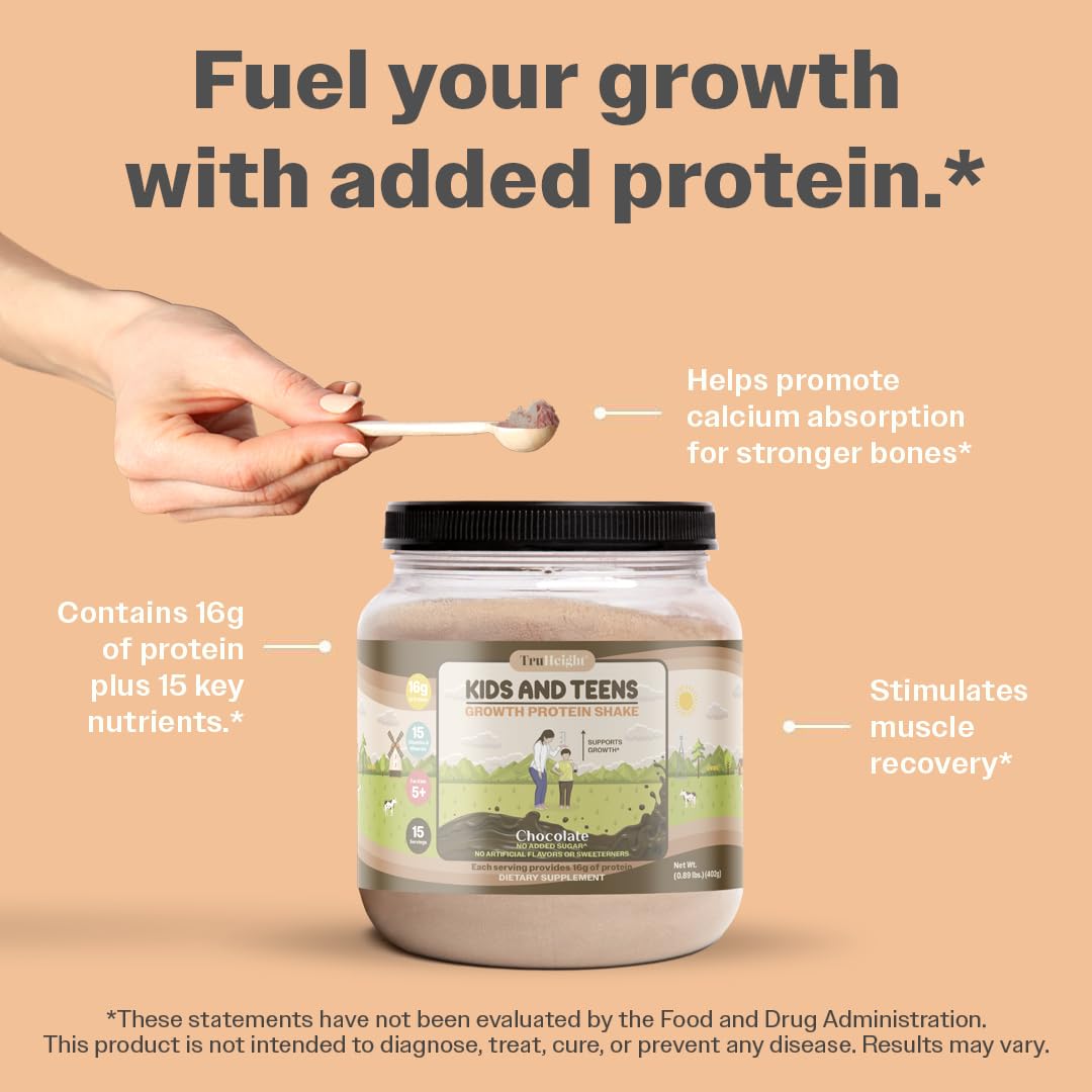 TruHeight Growth Protein Shake (Chocolate Milk Flavor, Whey) Natural Growth & Development Protein Powder for Kids & Teens - Weight Gain Drinks - Endorsed by Pediatricians, Picky Eater Vitamin, Ages 5+