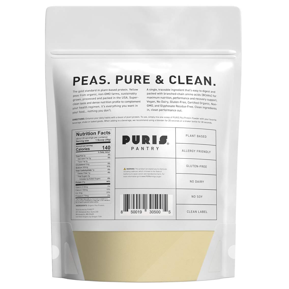 PURIS® Organic Pea Protein Powder, 100% Grown, Processed and Packed in USA, Plant Based, 2 LB Unflavored, Organic, Vegan, Gluten Free, Dairy Free, Non GMO, Keto