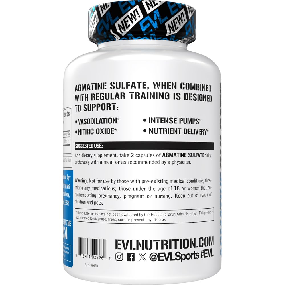 Evlution Nutrition Agmatine Sulfate Nitric Oxide Capsules - High Strength Agmatine Sulfate Nitric Oxide Supplement for High Intensity Pumps Muscle Growth Recovery and Performance - 60 Servings