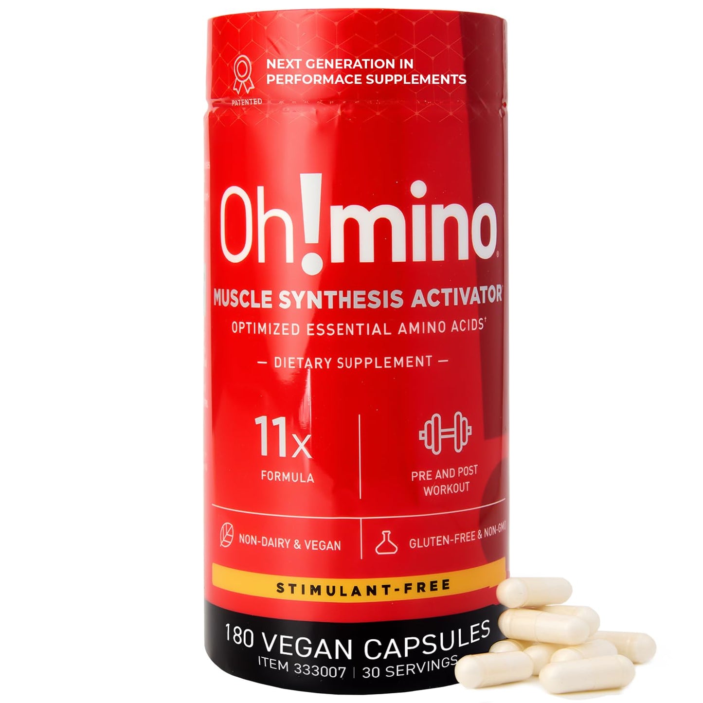 Oh!mino Amino Acids Supplement for Protein Synthesis - EAAs Capsules for Muscle Recovery, Pre & Post Workout - Non Caffeine, Non Dairy, Vegan, Zero Sugar & Net Carbs (180-Count, 30 Servings)