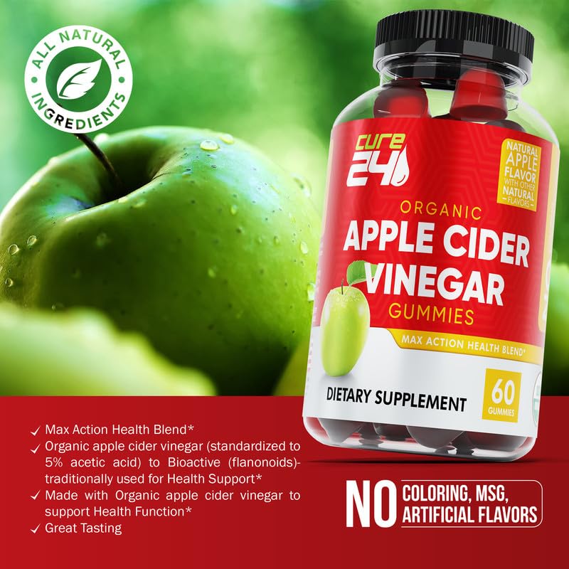 Cure24 Organic Apple Cider Vinegar Gummies, Vegan & Non-GMO, Gluten Free, Gelatin Free, ACV Supplement Gummies for Adults, 60 Count, Made in USA, (60 Gummies)