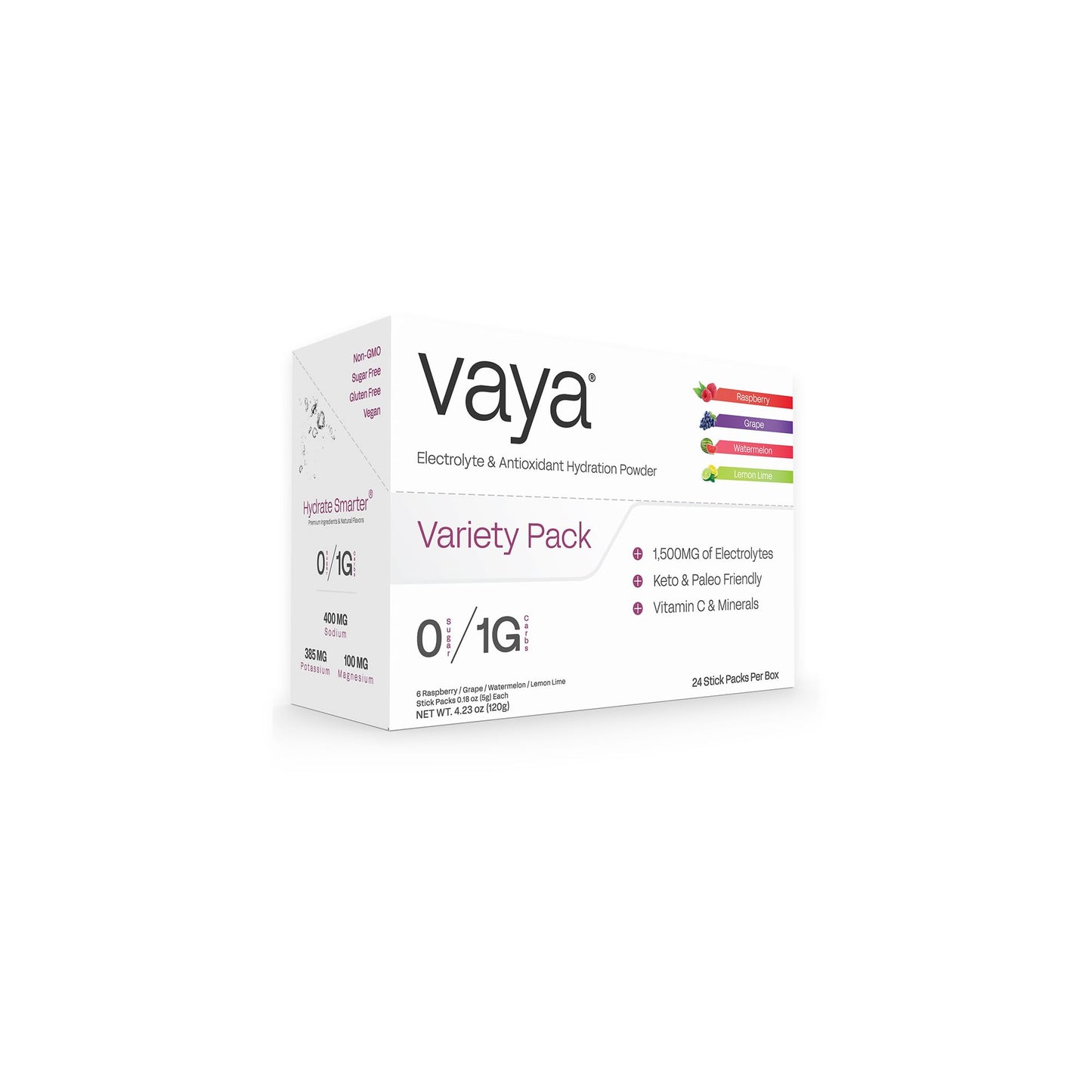 Vaya Sugar Free Premium Hydration Electrolyte Powder | Variety Pack | 24 Stick Packs | 1G Carbs, 1,500MG Electrolytes, Vitamin C & Antioxidants | 4 Flavors | Raspberry, Grape, Watermelon & Lemon Lime