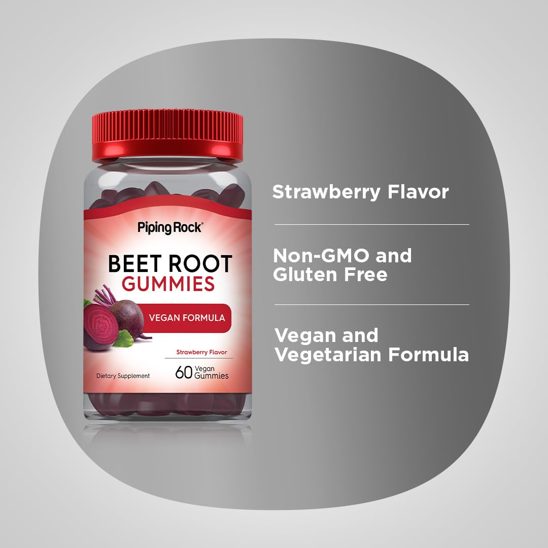 Piping Rock Beet Root Gummies | 60 Count | with Nitrates and Black Pepper Extract | Nitric Oxide Supplement | Strawberry Flavor | Vegan, Non-GMO, Gluten Free