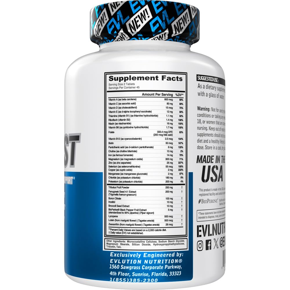 Evlution Nutrition VitaTest - Vitamins + Testosterone Support - Key Vitamin + Mineral Support - Men’s Daily Nutrient & Testosterone Support - Bone, Eye & Immune Support - 45 Servings - 90 Tablets