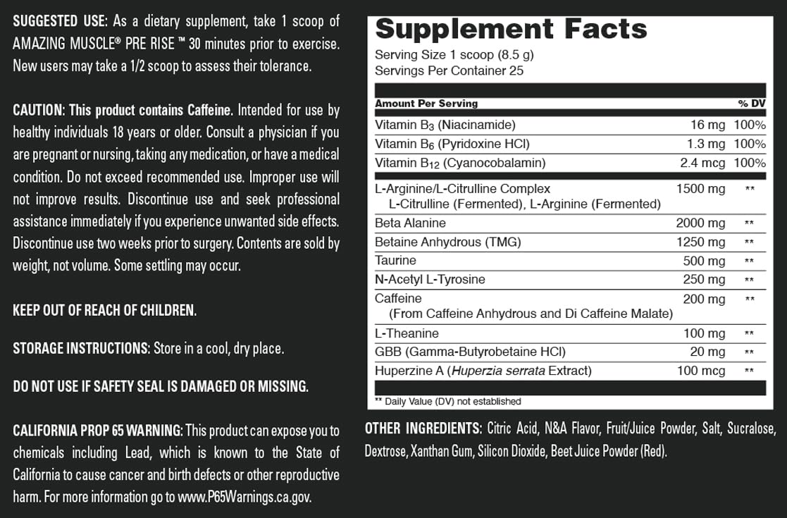 Amazing Muscle Pre Rise | Pre-Workout Powder Supplement with Caffeine & Beta-Alanine for Men & Women | 25 Servings (25 Servings, Fruit Punch)