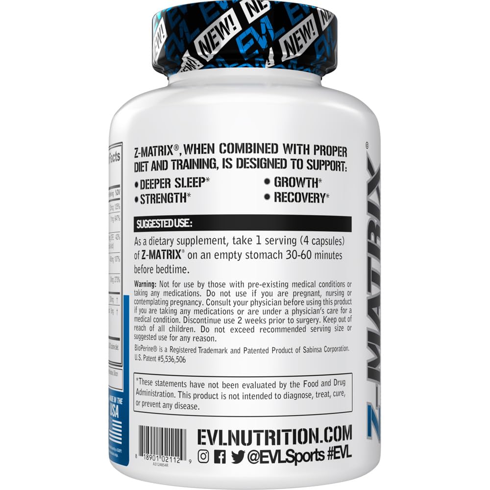 Evlution EVL Post Workout Recovery Bodybuilding Supplement - Magnesium and Zinc - ZMatrix Zinc Magnesium Aspartate Muscle Recovery Supplement for Sleep Support and Muscle Health