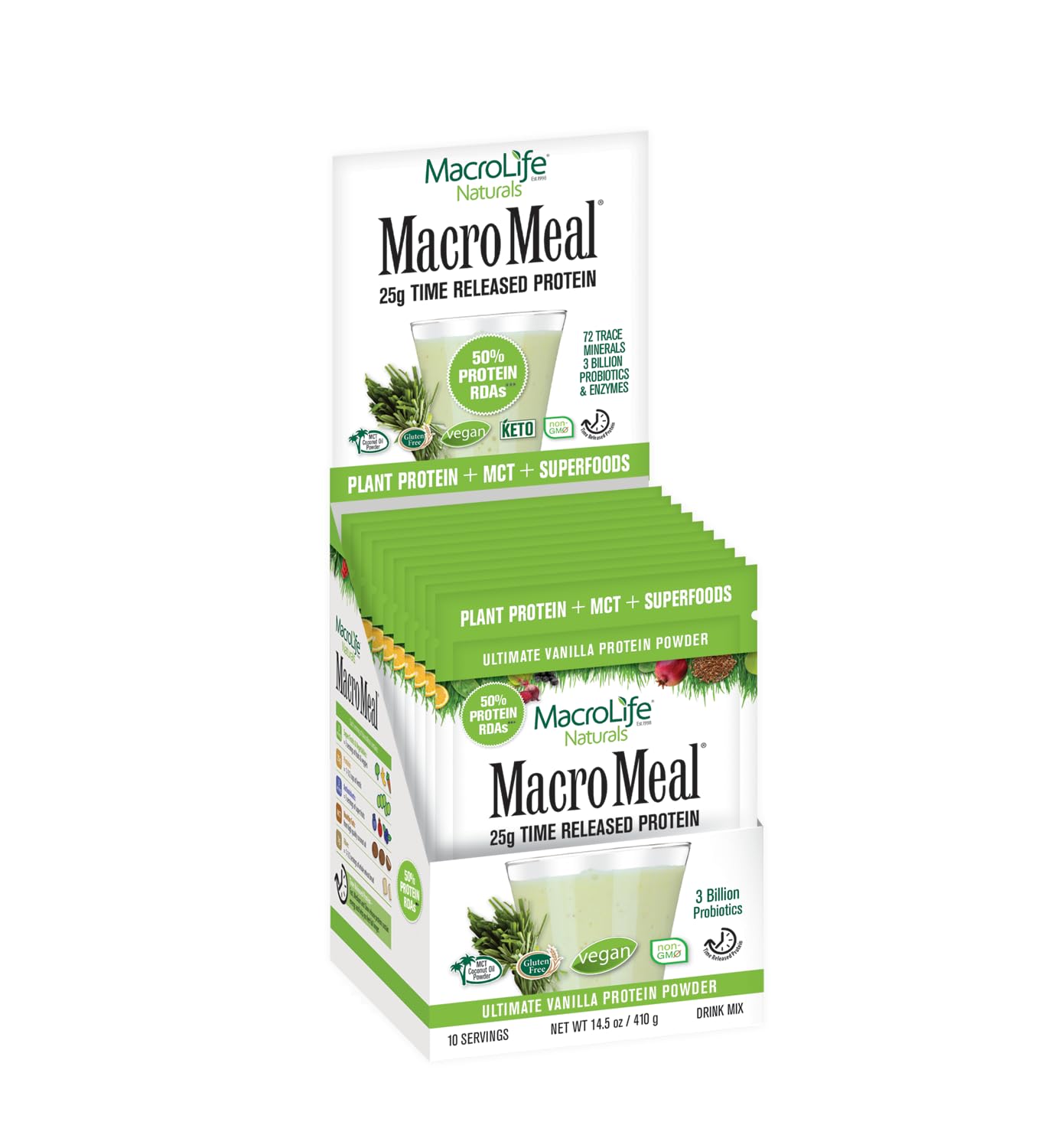 MacroLife Naturals MacroMeal Vegan Vanilla Superfood Supplement Powder Protein + Greens, Probiotics, Digestive Enzymes, Fiber - Energy, Detox, Immune - Non-GMO, Gluten-Free- 10 Packet Servings
