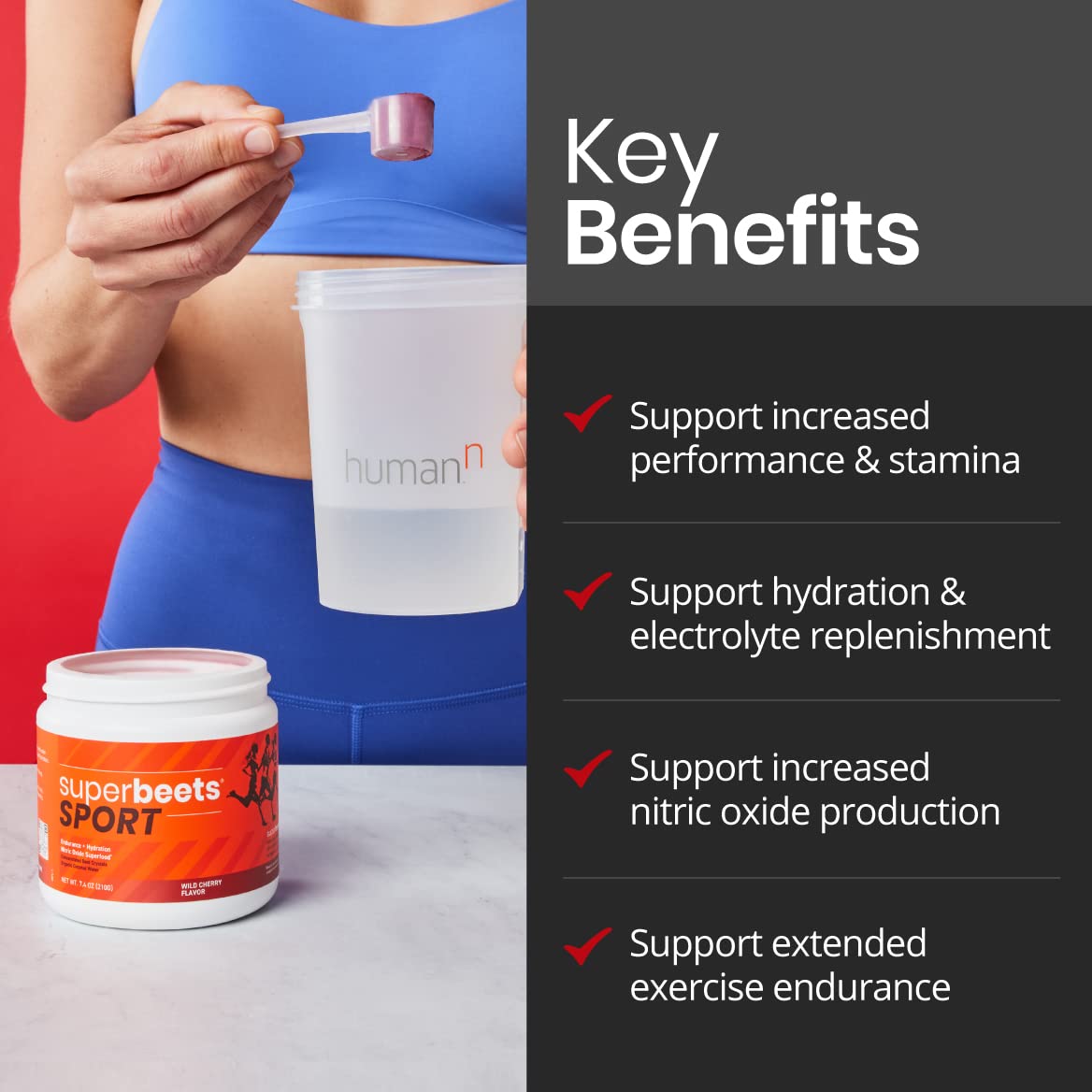 HumanN SuperBeets Sport Endurance Pre Workout Powder - NSF Certified - Nitric Oxide Supplement - Caffeine, Creatine & Stimulant Free Energy - Wild Cherry Flavor, 20 Servings