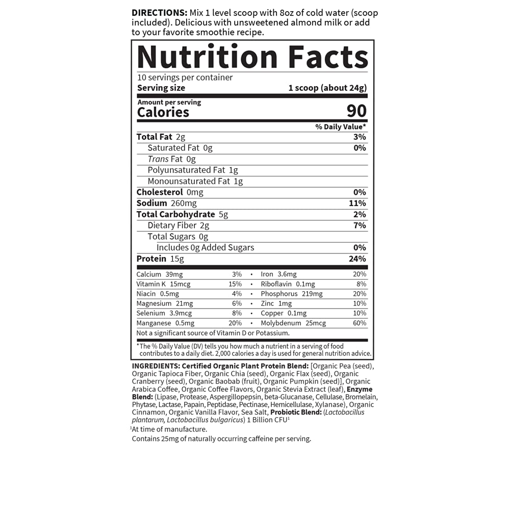 Garden of Life Organic Plant Protein Smooth Coffee Powder, 10 Servings - Vegan, Grain Free & Gluten Free Plant Based Protein Shake with Arabica Coffee, 1 Billion CFU Probiotics & Enzymes, 15g Protein