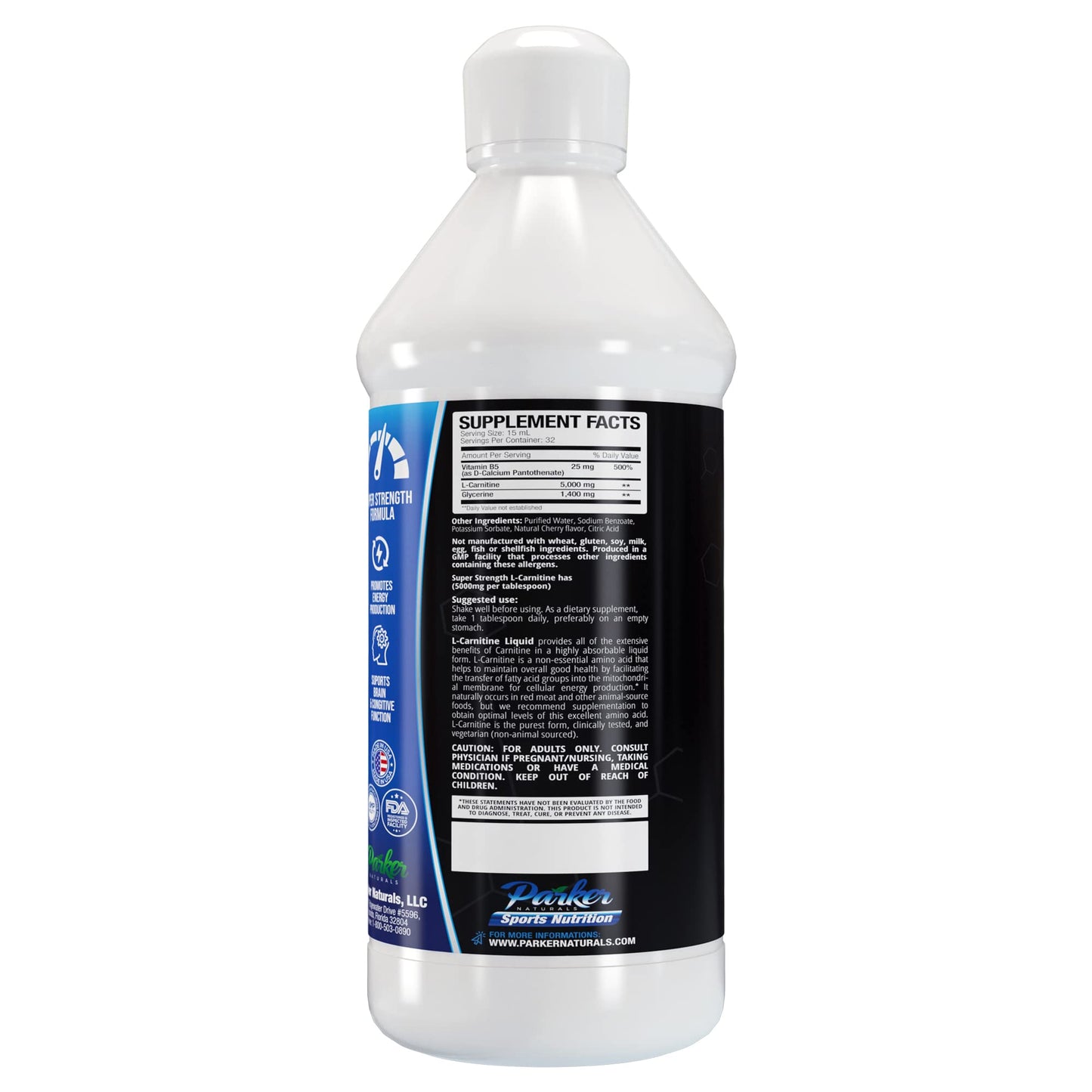 Parker Naturals Concentrated L-Carnitine Liquid, 5000mg All Natural Cherry Flavored Supplement, Liquid L-Carnitine with Vitamin V5, 16.23 Fl. Oz