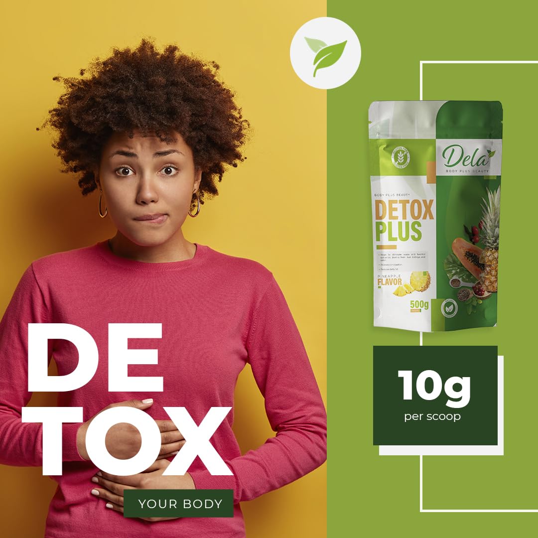 Dela Body plus Beauty Advanced Gut Cleanse Detox. 10g per Serving (Net Weight 500g) Pineapple Flavor. Cleanses intestine, Liver, Kidneys, Blood (1.1 lbs). Cascara Sagrada, Senna Leaf and More...