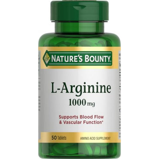 Nature’s Bounty L-Arginine 1000mg for Supporting Blood Flow and Vascular Function - Non-GMO, Gluten Free, 50 Tablets