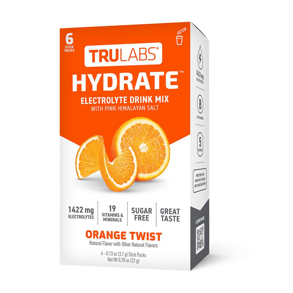 TRULABS Hydrate Orange Twist 6ct. Sugar Free Electrolytes Hydration Packets. Each Serving Contains 1422 mg of Electrolytes &19 Vitamins & Minerals.