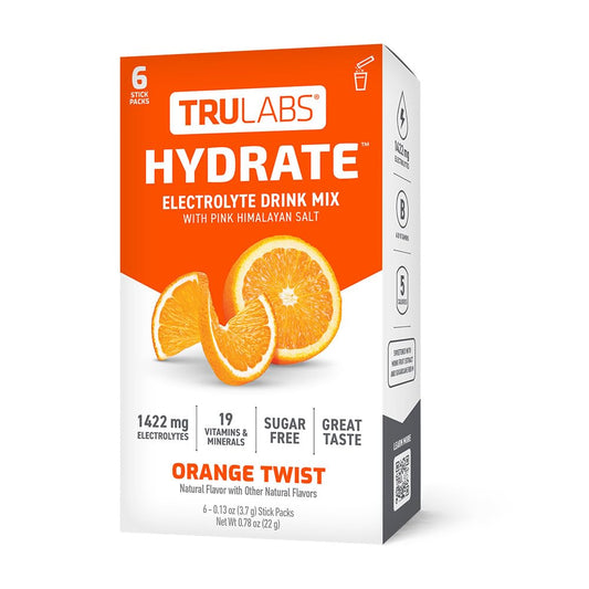 TRULABS Hydrate Orange Twist 6ct. Sugar Free Electrolytes Hydration Packets. Each Serving Contains 1422 mg of Electrolytes &19 Vitamins & Minerals.