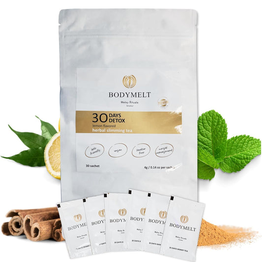 BODYMELT 30 Days Detox Tea Powder Form | Herbal Tea Formula | 30 Sachet Powder | 4g | 15 Herbal Mix & Energy Booster - Keto-Friendly | 4.2oz | Includes Mate, Gingseng, Ginger