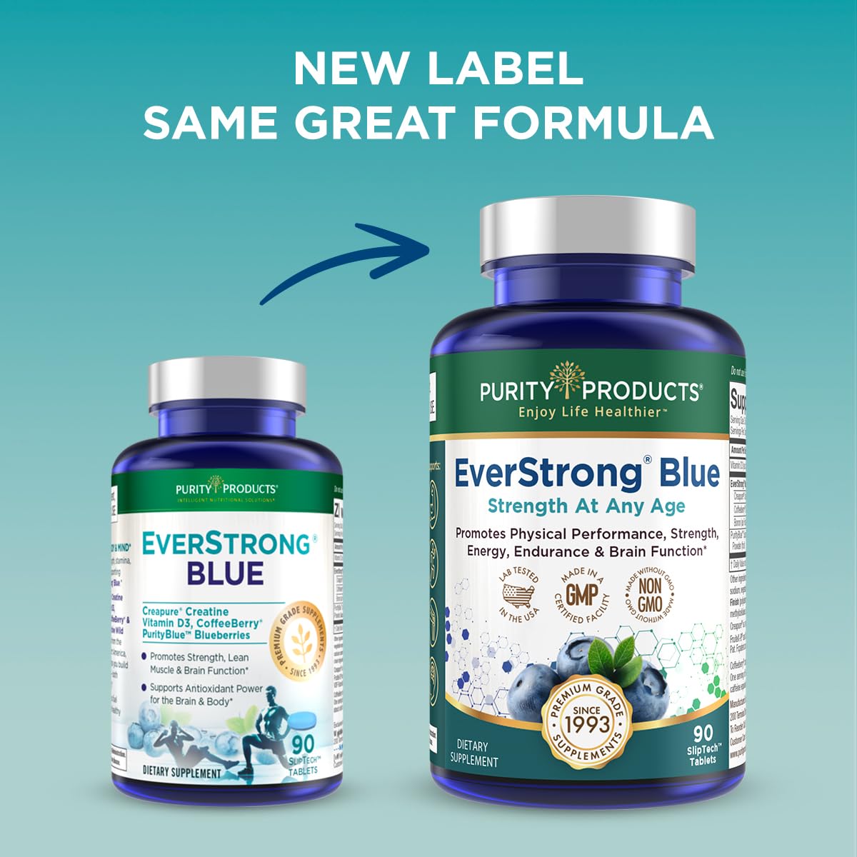 Purity Products EverStrong Blue Strength Building + Brain Boosting w/Muscle Matrix Blend ft. Creatine Monohydrate + More, PurityBlue Organic Blueberry Complex, 1000 IU Vitamin D3-90 Tablets