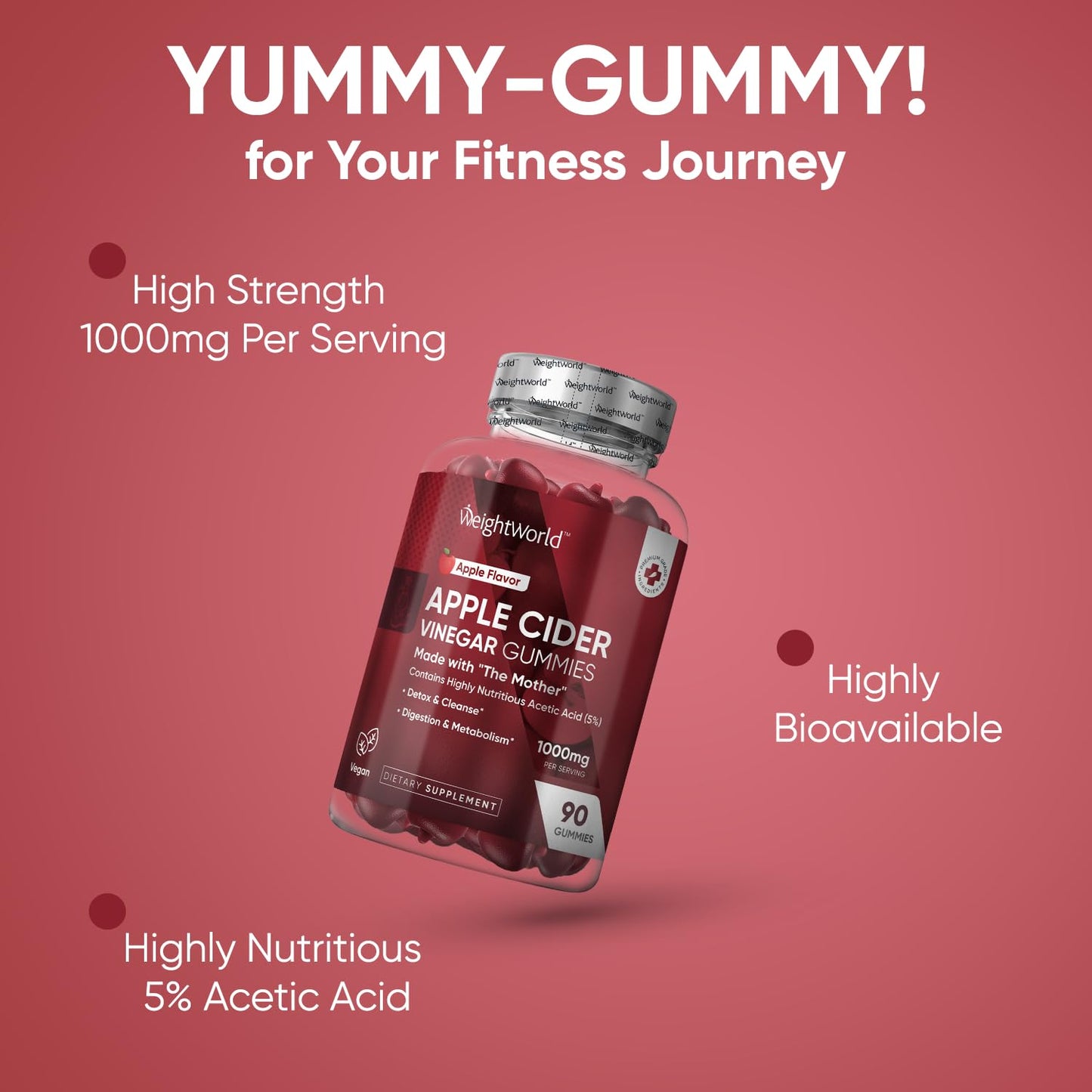WeightWorld Apple Cider Vinegar Gummies 1000mg - 90 Vegan Gummies - 45 Days Supply - Enriched with Vitamin C, B6, B12, & B9 (Folic Acid) for Digestion, Metabolism, Detox & Cleanse - Gelatin-Free