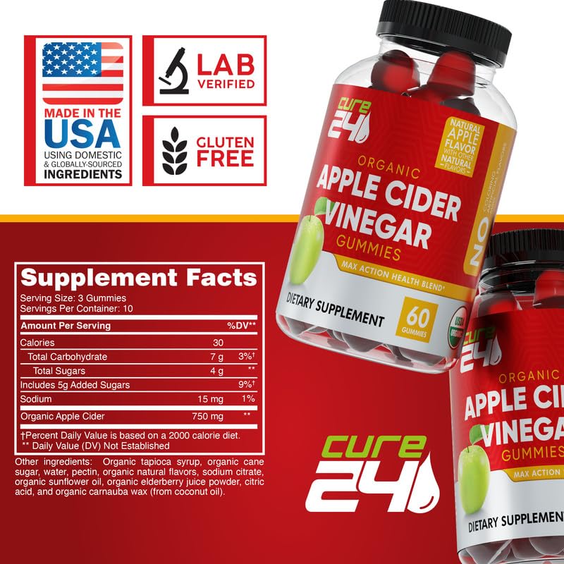 Cure24 Organic Apple Cider Vinegar Gummies, Vegan & Non-GMO, Gluten Free, Gelatin Free, ACV Supplement Gummies for Adults, 60 Count, Made in USA, (60 Gummies)