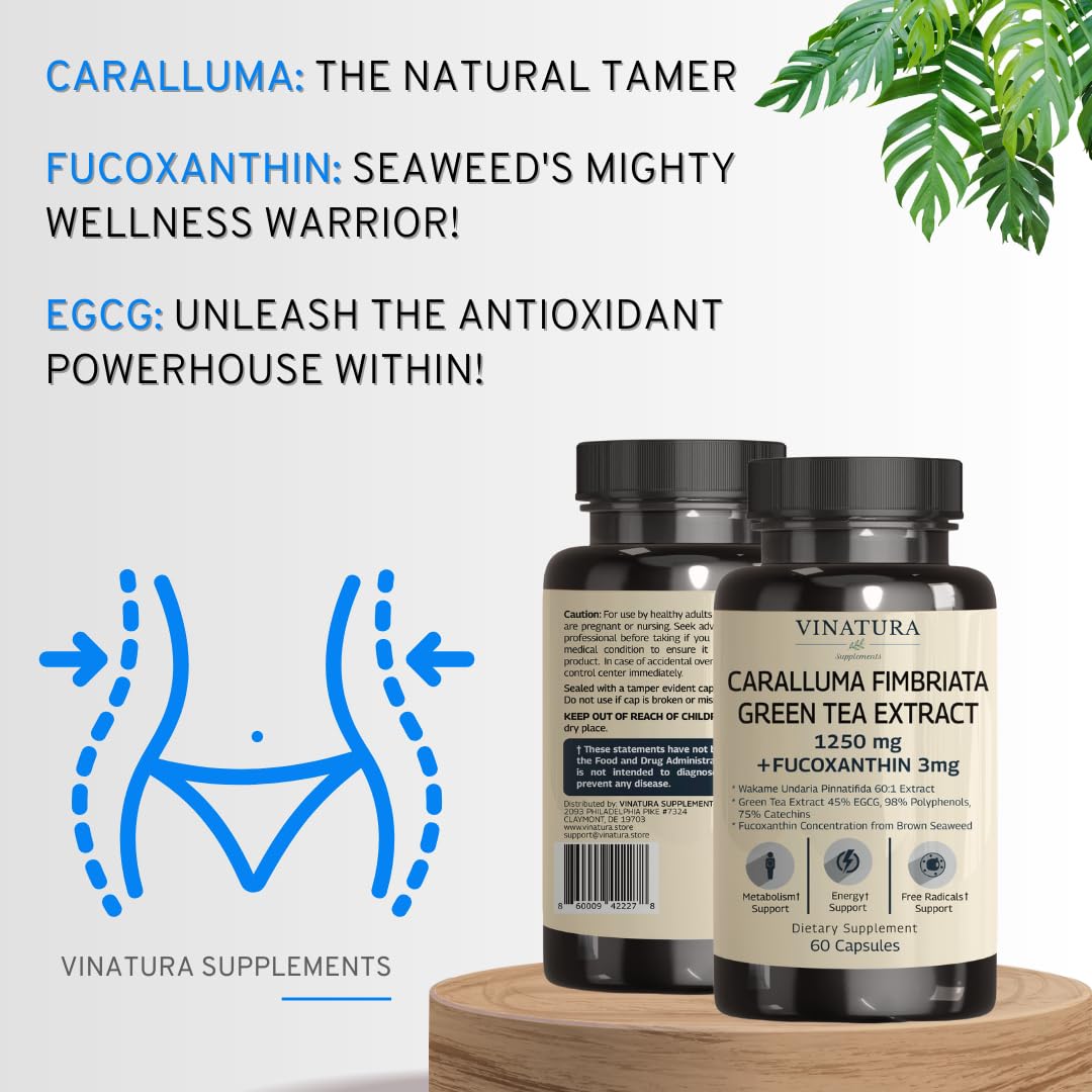 VINATURA Caralluma Fimbriata, EGCG 45% Extract 1250mg + Fucoxanthin 3mg per Serving *USA Made & Tested* for Immune Support, Energy and Mental Focus - 60 Capsules 30 Servings