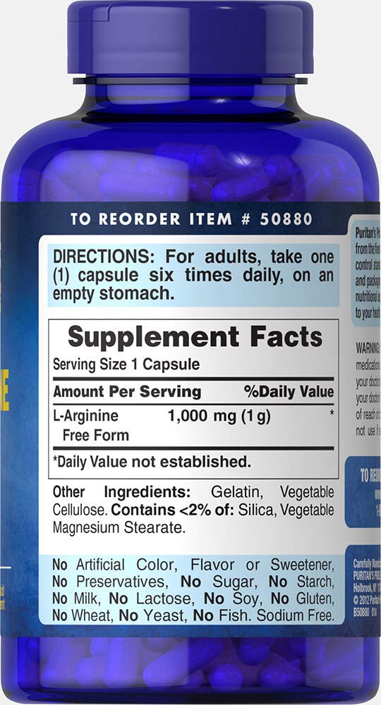 Puritan's Pride L-Arinine 1000mg, Dietary Supplement Supports Nitric Oxide Levels and Heart and Circulatory Heath, 100 Day Supply, 100 Tablets
