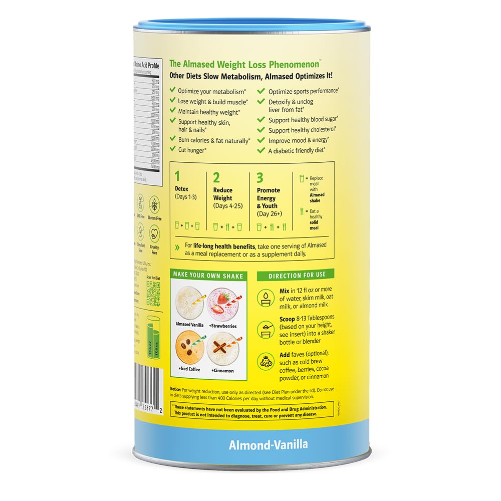 Almased Meal Replacement Shakes for Weight Loss - Protein Powder - Starter Kit (Almond Vanilla Flavor, 2 Cans of 17.6 oz + Shaker Bottle + Scoop)