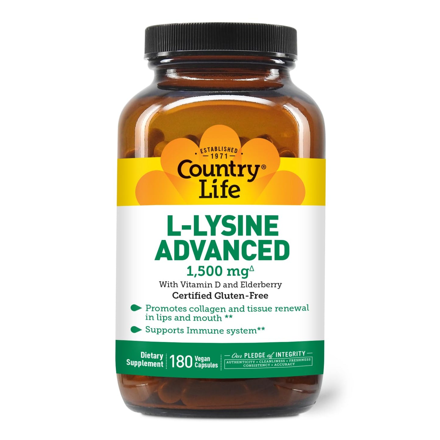 Country Life L-Lysine 1500mg Capsules with Vitamin D & Elderberry - Advanced Immune Support and Collagen Renewal - Certified Gluten-Free & Vegan - 180 Capsules