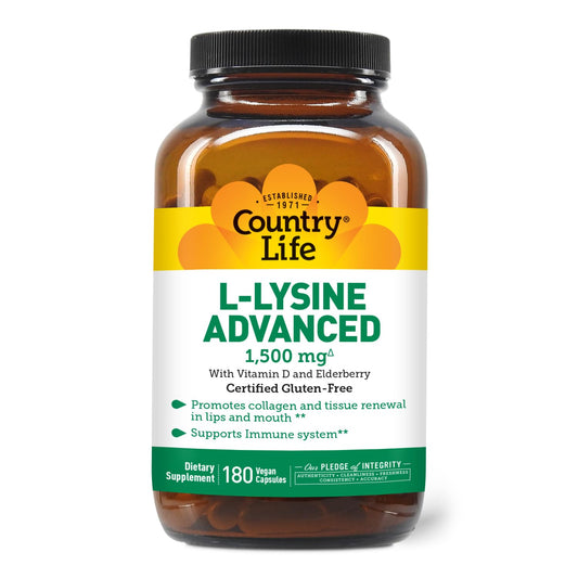 Country Life L-Lysine 1500mg Capsules with Vitamin D & Elderberry - Advanced Immune Support and Collagen Renewal - Certified Gluten-Free & Vegan - 180 Capsules