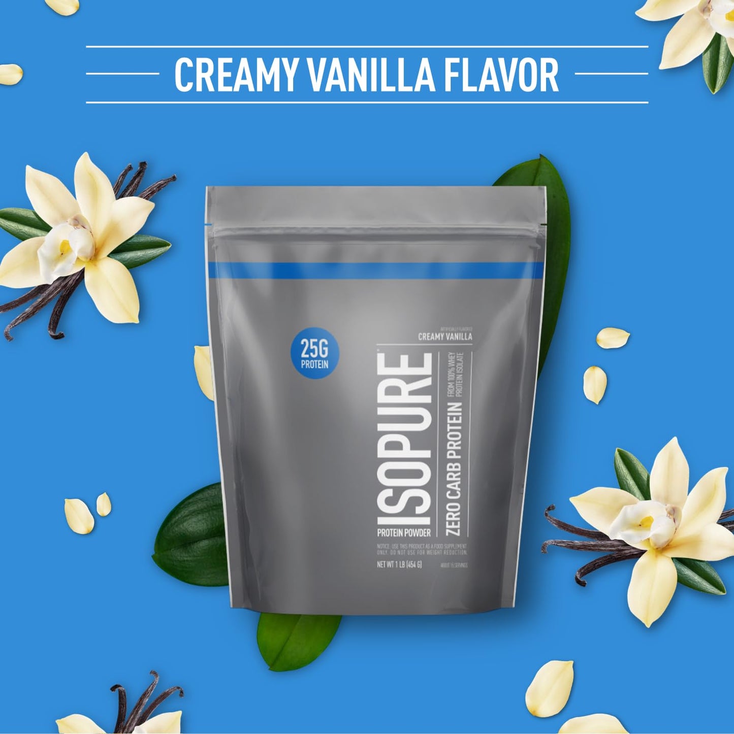 Isopure Zero Carb 100% Pure Whey Isolate Protein Powder, Lactose Free, Gluten Free, With Vitamins, Creamy Vanilla, 25g Protein Per Serving, 1 Lb, 15 Servings