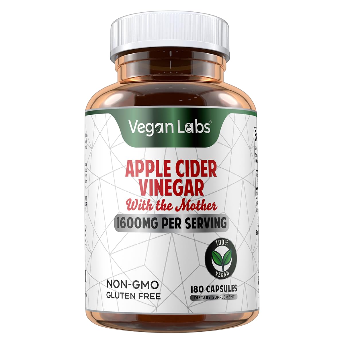 Vegan Labs Apple Cider Vinegar Capsules with The Mother- 180 Vegan Capsules, 1600MG Per Serving- 100% Natural ACV Pills- Supports Healthy Digestion, Keto, Weight Management, Detox, and Immune System