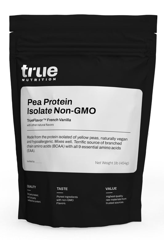 True Nutrition Pea Protein Powder Isolate - 25g Non-GMO Vegan Protein Powder per Serving - Low Carb, Low Fat, High Leucine - Gluten Free, Dairy Free, Soy Free - French Vanilla - 1LB