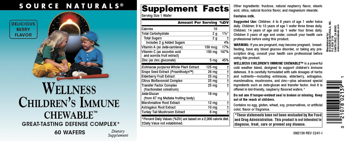 Source Naturals Wellness Children's Immune Chewable, Great-Tasting Defense Complex, Berry Flavored* - 60 Wafers