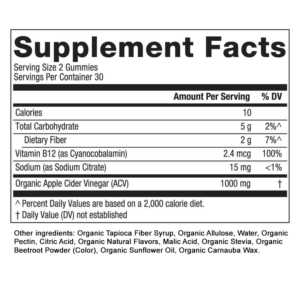 Essential Elements Zero-Sugar ACV Apple Cider Vinegar Gummies from “The Mother” - Naturally-Sourced, Vegan ACV Gummies with Folic Acid and Vitamin B12 60 Count