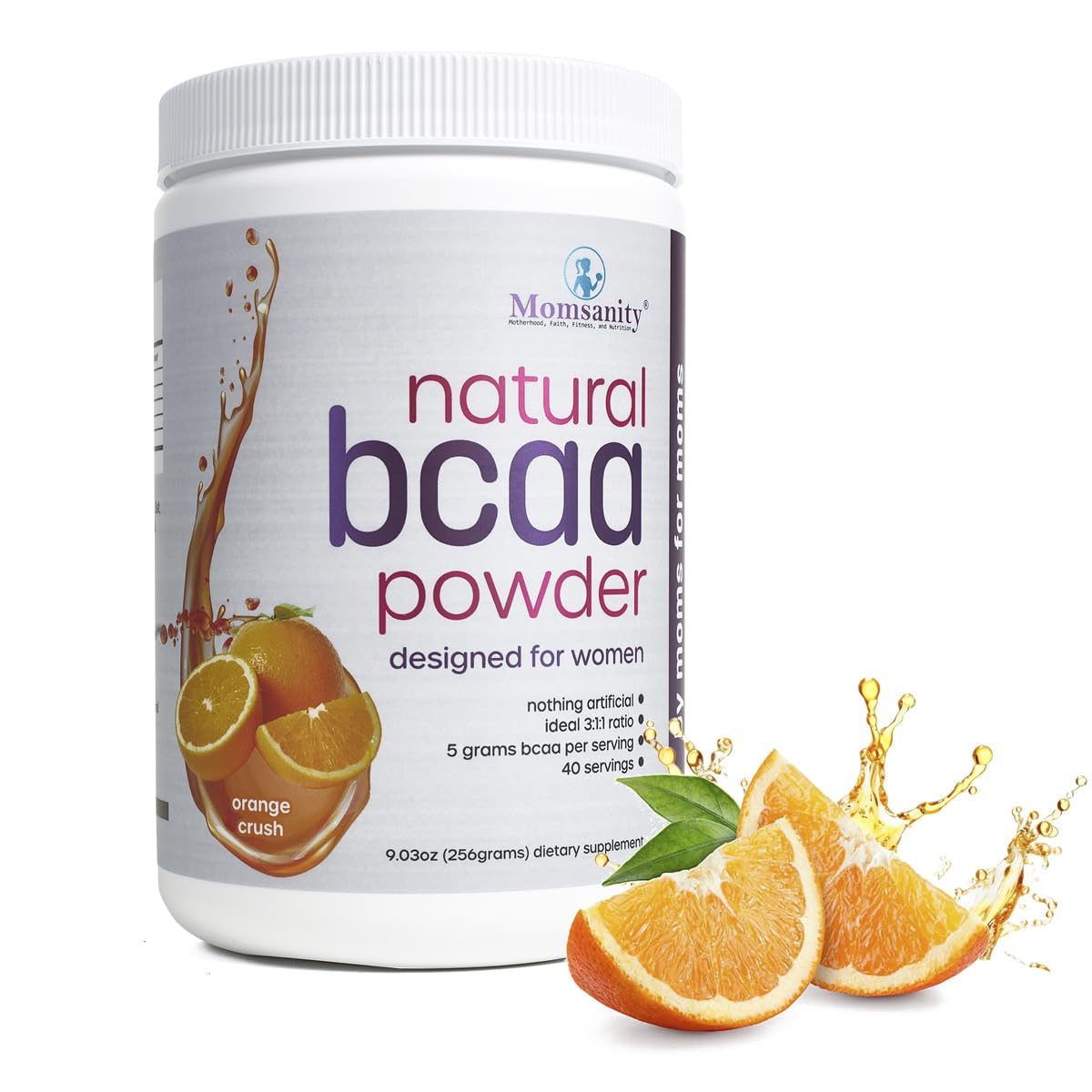 Momsanity BCAA Powder Preworkout for Women - Naturally Sweetened with Stevia, Erythritol, & Monk Fruit + Delicious Recipe Guide PDF | 3:1:1 Ratio of Amino Acids | 40 Servings (Orange Crush)