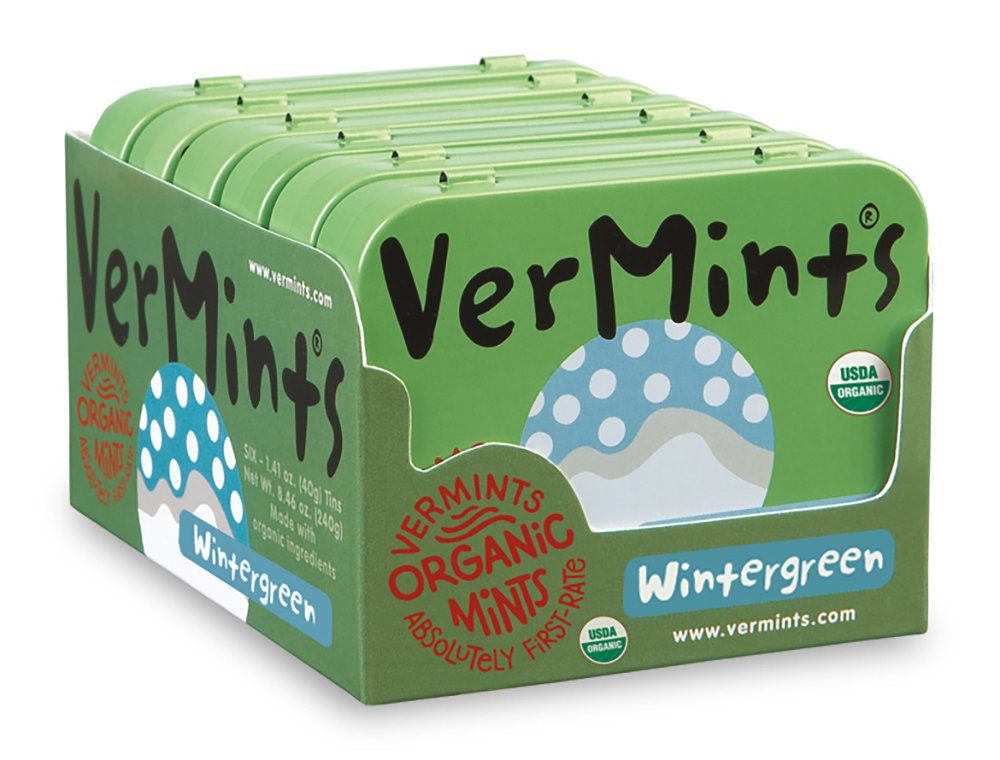 Organic Breath Mints by VerMints Wintergreen Flavor All Natural NonGMO Nut Free Gluten Free Vegan KSA Kosher Pack of 6 141oz Tins