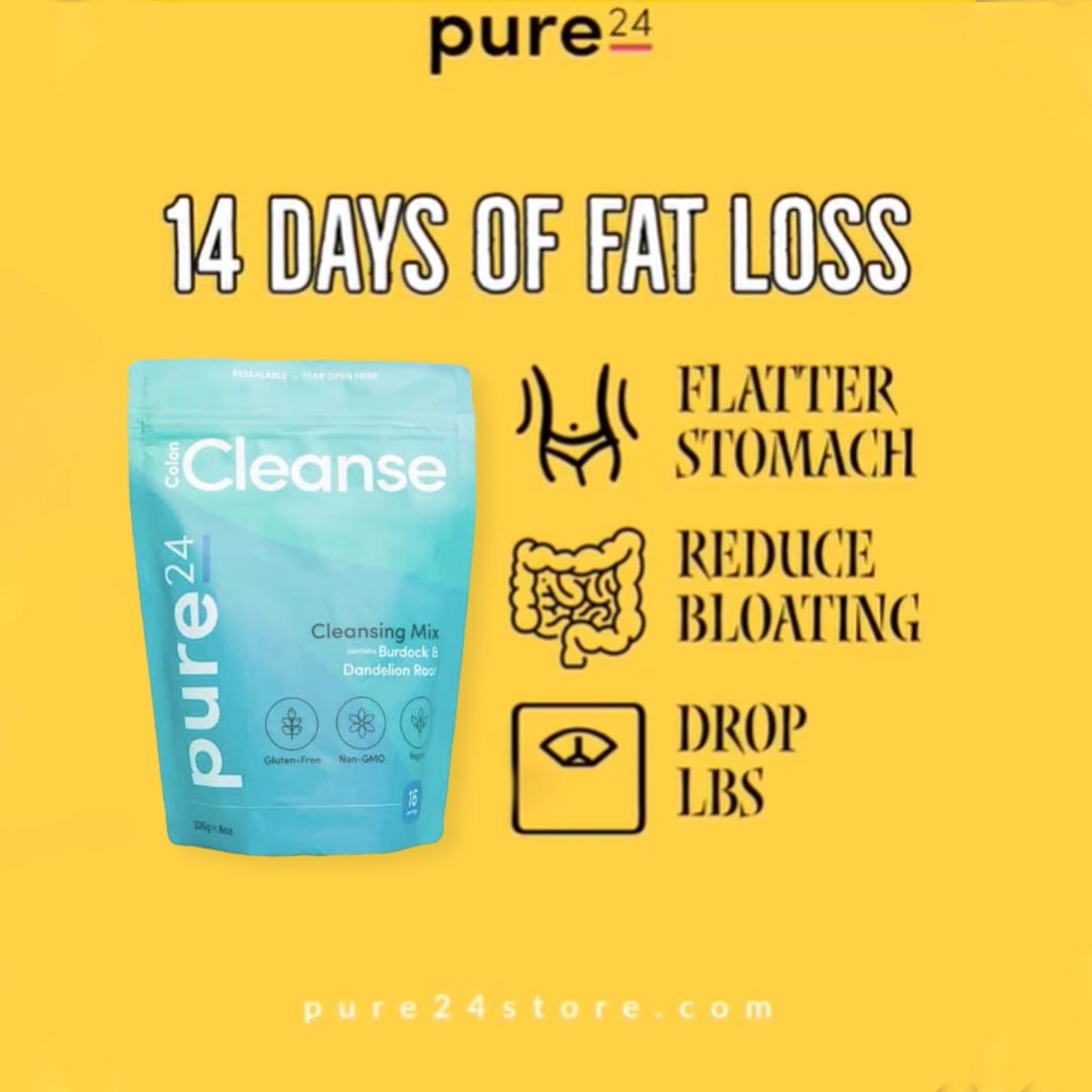 Pure 24 Total Detox Colon Care Mix Cleanse - Vegan Non-GMO Gluten-Free - Safe Digestion & Weight, Detox, & Gut Health - 8 Oz