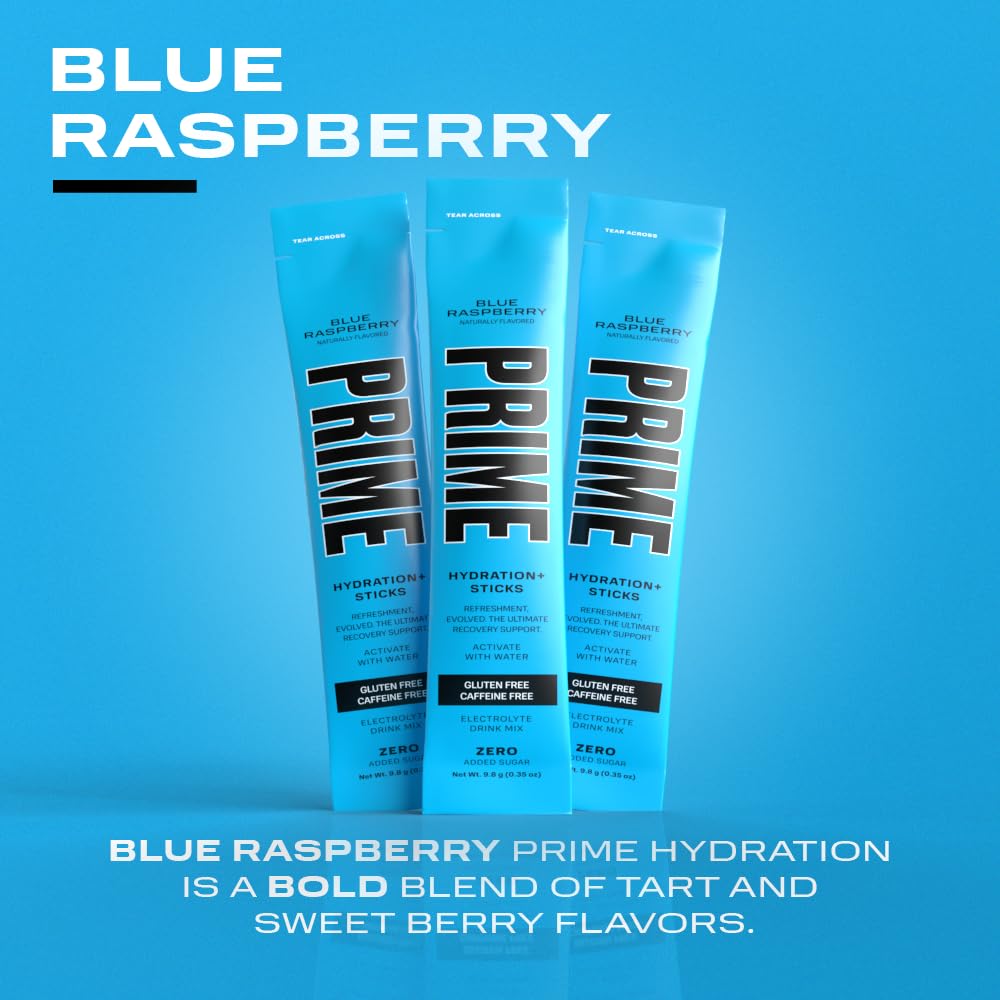 PRIME HYDRATION+ Sticks Blue Raspberry | Hydration Powder Single Serve Sticks | Electrolyte Powder On The Go | 250mg BCAAs, B Vitamins, Antioxidants | Low Sugar | Caffeine-Free | Vegan | 16 Sticks