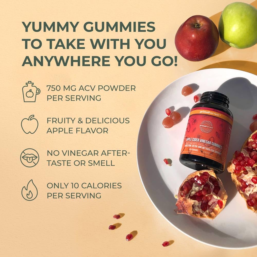 Primal Harvest ACV Gummies, 60 Sugar Free Apple Cider Gummies Beetroot and Pomegranate to Support Immunity, Digestion and Detox 750 MG